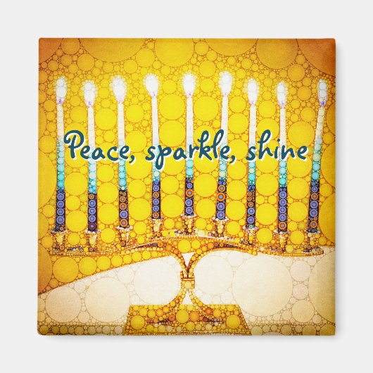 Yellow Peace Sparkle Shine Script Hanukkah Menorah Magnet (Vorne)