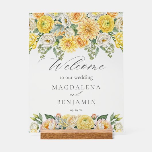 Yellow Peach Flowers Sage Greenery Wedding Welcome Acrylschild (Vorderseite)