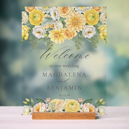 Yellow Peach Flowers Sage Greenery Wedding Welcome Acrylschild (Neutral)