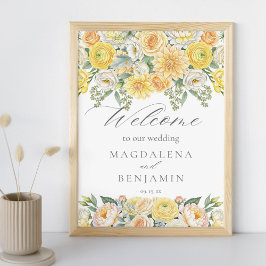 Yellow Peach Flowers Sage Greenery Wedding Welcome Poster