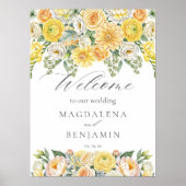 Yellow Peach Flowers Sage Greenery Wedding Welcome Poster (Vorne)
