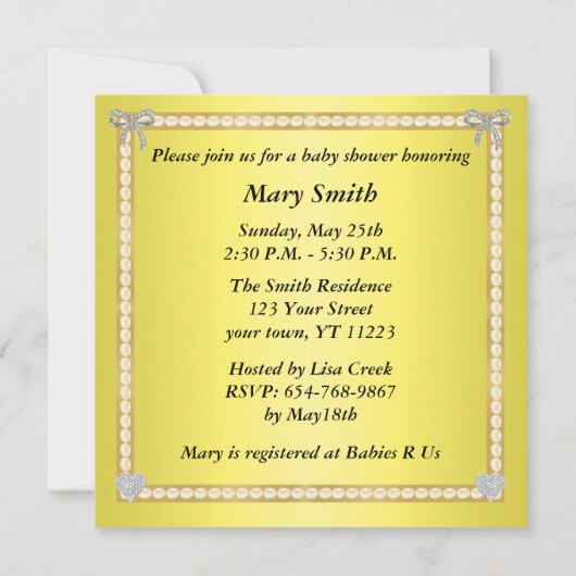 Yellow Peacock Diamond Bow Kinderdusche Einladung (Rückseite)
