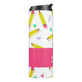 Yellow pencils and scrabbles on white thermosbecher (Nach links gedreht)