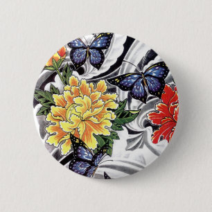 Yellow Peony and Butterfly Tattoo Design Button