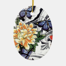 Yellow Peony and Butterfly Tattoo Design Keramik Ornament