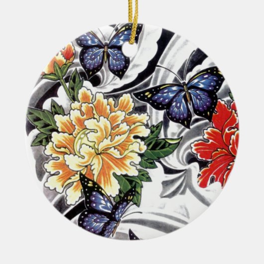 Yellow Peony and Butterfly Tattoo Design Keramik Ornament (Vorne)
