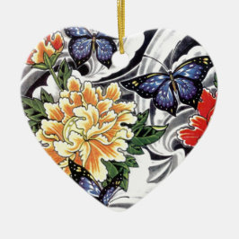 Yellow Peony and Butterfly Tattoo Design Keramikornament