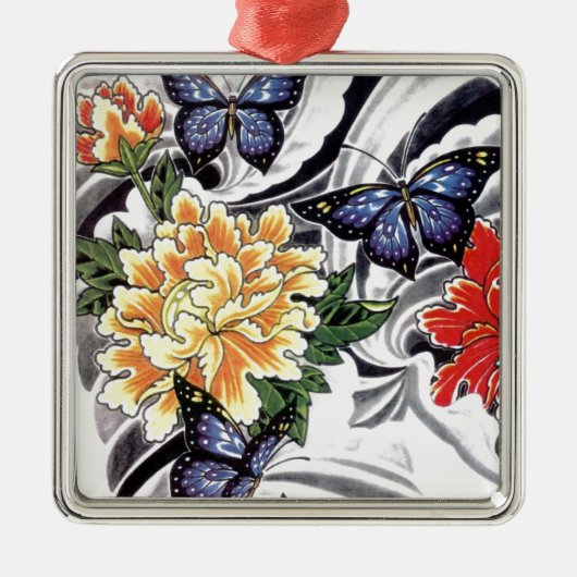 Yellow Peony and Butterfly Tattoo Design Ornament Aus Metall (Vorne)