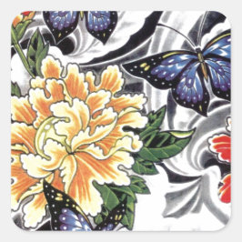 Yellow Peony and Butterfly Tattoo Design Quadratischer Aufkleber