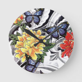 Yellow Peony and Butterfly Tattoo Design Runde Wanduhr