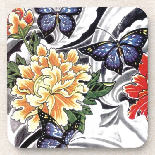 Yellow Peony and Butterfly Tattoo Design Untersetzer (Vorderseite)