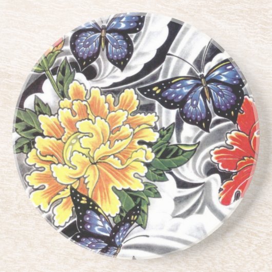 Yellow Peony and Butterfly Tattoo Design Untersetzer (Vorne)