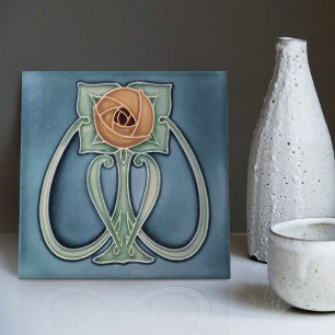 Yellow Peony Blue Decor Art Nouveau Art Deco Fliese
