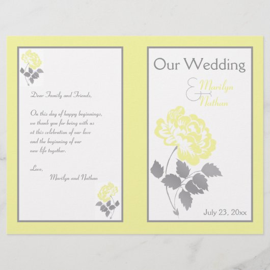Yellow Peony on White mit Gray Wedding Program (Vorderseite)