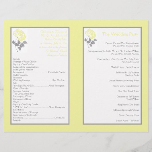 Yellow Peony on White mit Gray Wedding Program (Rückseite)