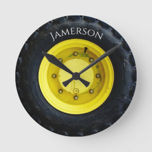 yellow personalized name tractor wheel tire runde wanduhr