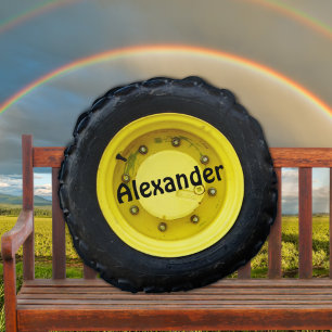 Yellow personalized name tractor wheel tire rundes kissen