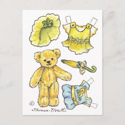 Yellow Petunia Teddy Bear Paper Doll niedliche Pos Postkarte (Vorderseite)