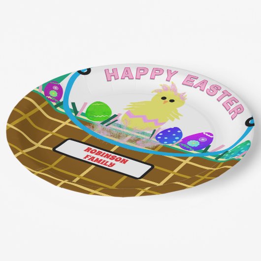 Yellow Pink Chick Ostereier Pappteller (Schrägansicht)