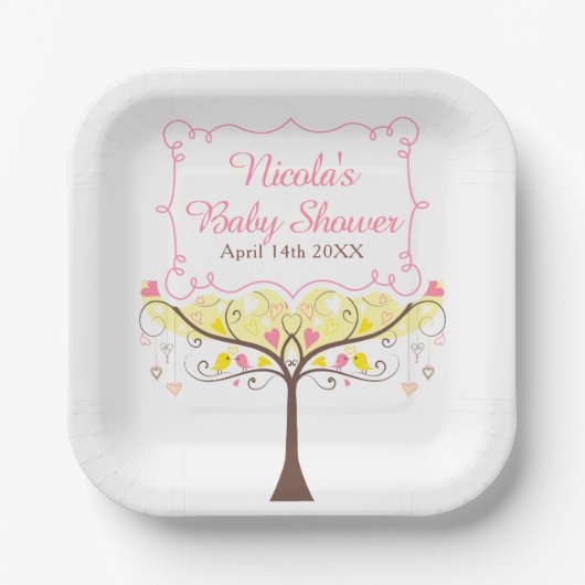 Yellow Pink Floral Bird Baby Shower  Pappteller (Vorderseite)