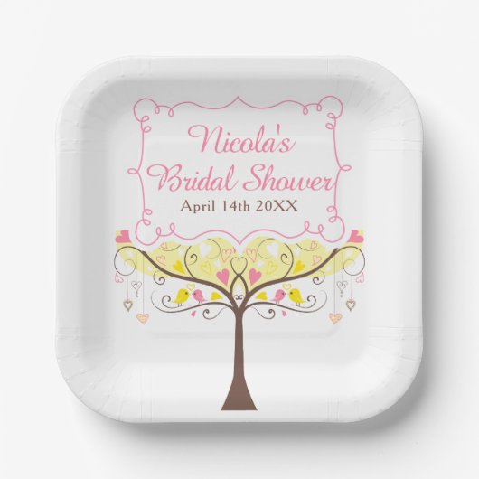 Yellow Pink Floral Bird Bridal Shower  Pappteller (Vorderseite)