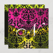 YELLOW PINK FUCHSIA BLACK DAMASK MONOGRAM TOPAZ EINLADUNG (Vorne/Hinten)