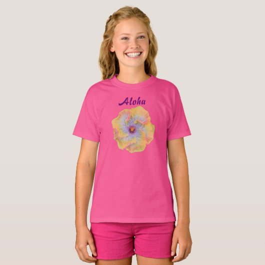 Yellow Pink Lilac Hibiskus Hawaiian Aloha T-Shirt (Vorne ganz)