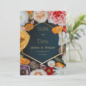 Yellow pink navy blue gold floral Save the Date Einladung (Stehend Vorderseite)