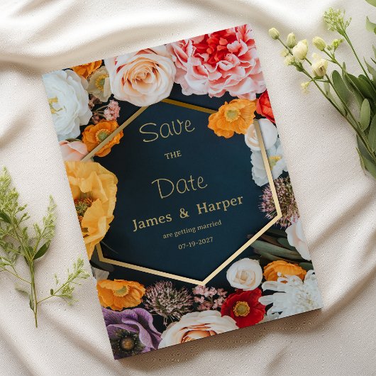 Yellow pink navy blue gold floral Save the Date Einladung