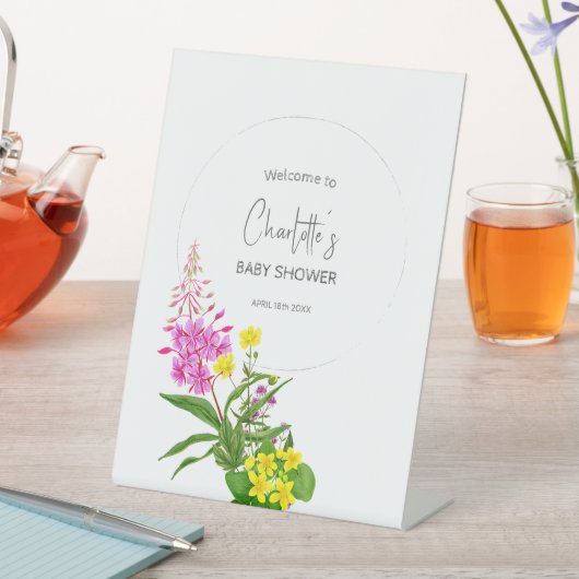 Yellow Pink Wildblume Script Happy Baby Dusche Sockelschild (In Situ)