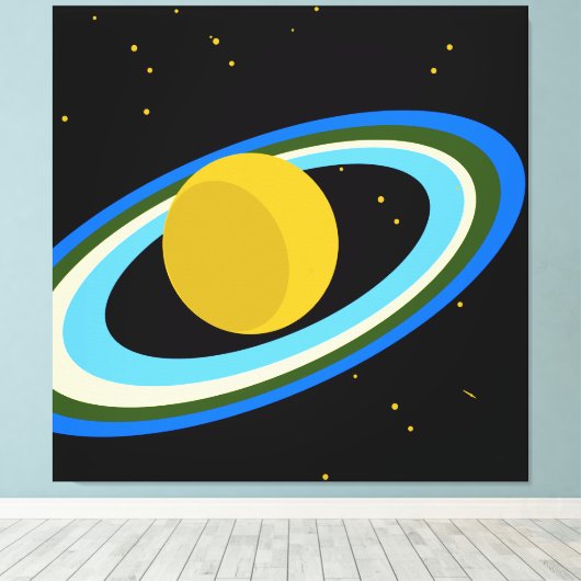 Yellow Planet Saturn Blue Rings Black Outer Space Leinwanddruck (Insitu (Holzboden))