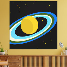 Yellow Planet Saturn Blue Rings Black Outer Space Leinwanddruck