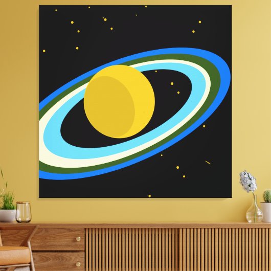 Yellow Planet Saturn Blue Rings Black Outer Space Leinwanddruck (Insitu (Wohnzimmer))