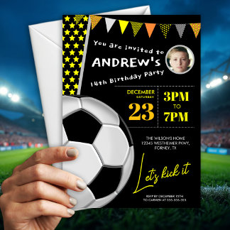 Yellow Playfful Soccer Birthday  Photo Invitation  Einladung