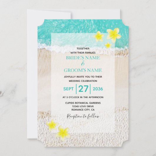 Yellow Plumeria Frangipani Tropical Beach Wedding Einladung (Vorderseite)