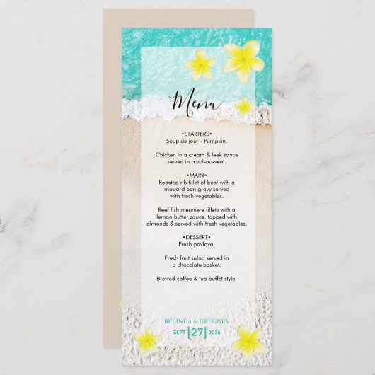 Yellow Plumeria Frangipani Tropical Beach Wedding Menükarte (Vorne/Hinten)