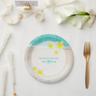 Yellow Plumeria Frangipani Tropical Beach Wedding Pappteller