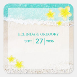 Yellow Plumeria Frangipani Tropical Beach Wedding Quadratischer Aufkleber