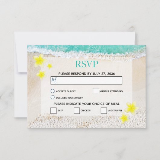 Yellow Plumeria Frangipani Tropical Beach Wedding RSVP Karte (Vorderseite)
