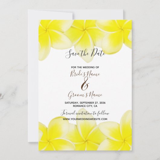 Yellow Plumeria Frangipani Wedding Save the Date (Vorderseite)