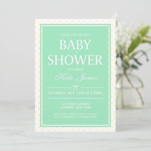 Yellow Polka Dot & Mint Baby Dusche Einladung (Stehend Vorderseite)
