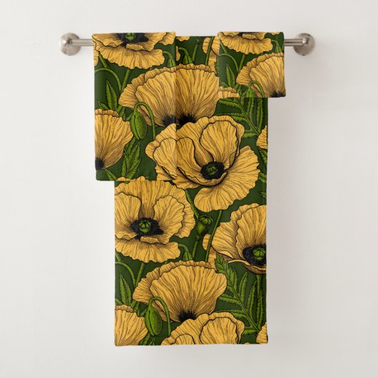 Yellow poppies on dark green badhandtuch set (Insitu)