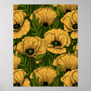 Yellow poppies on dark green poster