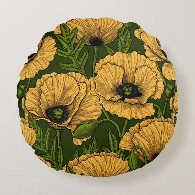 Yellow poppies on dark green rundes kissen (Vorderseite)