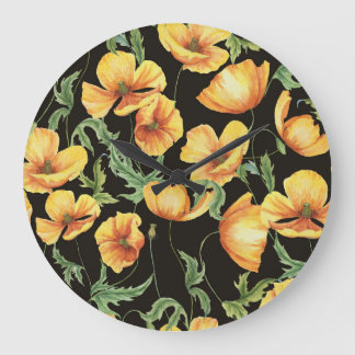 Yellow Poppy Watercolor Floral Pattern Große Wanduhr
