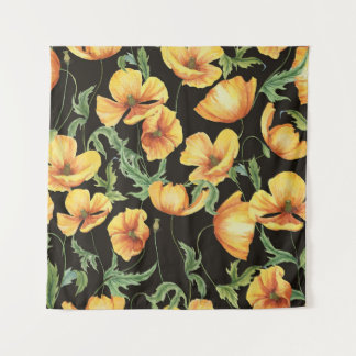 Yellow Poppy Watercolor Floral Pattern Wandteppich