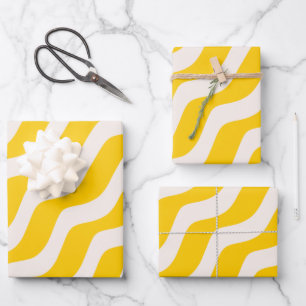Yellow Psychedelic Stripes Retro Wavy Lines Geschenkpapier Set