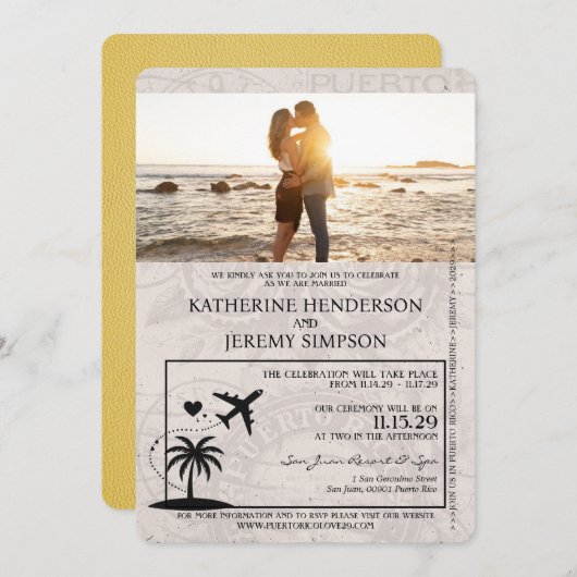 Yellow Puerto Rico Passport Wedding Einladung (Vorne/Hinten)