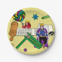 Yellow Purim Plate - Megilla & Grogger Pappteller