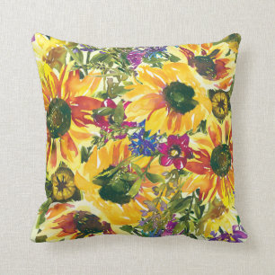 Yellow Purple Flowers Boho Watercolor Kissen